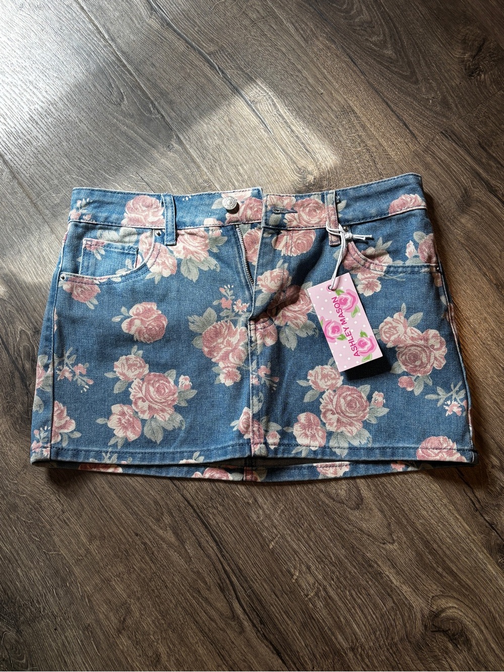 Ashley Mason Denim Mini Skirt with Pink Rose Floral Print